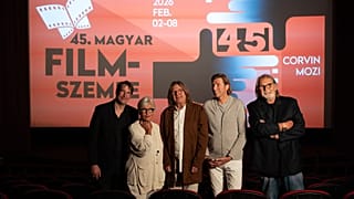 Az újjáéledt Filmszemle életre hívói a budapesti sajtótájékoztatón: Liszka Tamás, Pataki Ági, Muhi András, Csutak Tamás, Kovács Gábor (2026. január)