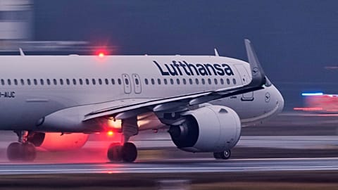 A Lufthansa aircraft takes off in Frankfurt, Germany.