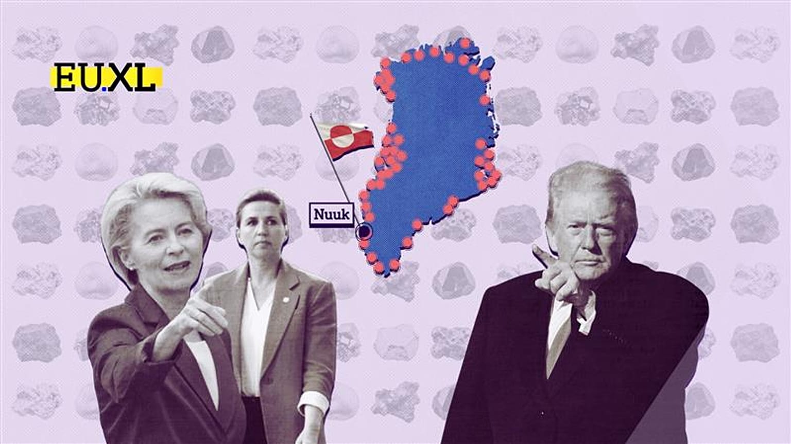 Donald Trump, Ursila von der Leyen y Mette Frederiksen con el mapa de Groenlandia