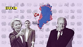 Donald Trump, Ursila von der Leyen y Mette Frederiksen con el mapa de Groenlandia