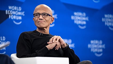 Satya Nadella, CEO of Microsoft speaks during a panel session at the 56th annual meeting of the World Economic Forum, in Davos, Switzerland, Tuesday, Jan. 20, 2026. 