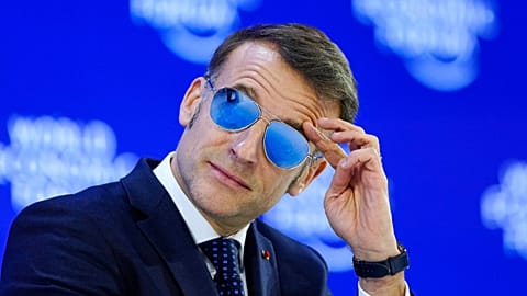 French President Emmanuel Macron raised a few eyebrows by choosing to wear reflective Aviators during the annual World Economic Forum at Davos in Switzerland, 20 Jan 2026 