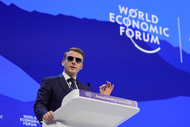 French President Emmanuel Macron speaks during the Annual Meeting of the World Economic Forum in Davos, 20 January 2026
