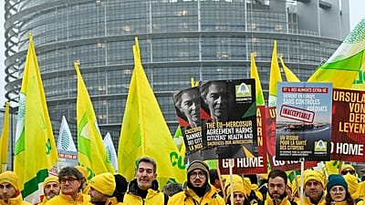Farmers protest,against European Commission President Ursula von der Leyen and the EU-Mercusor trade agreement outside the European Parliament in Strasbourg