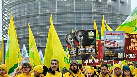 Farmers protest,against European Commission President Ursula von der Leyen and the EU-Mercusor trade agreement outside the European Parliament in Strasbourg