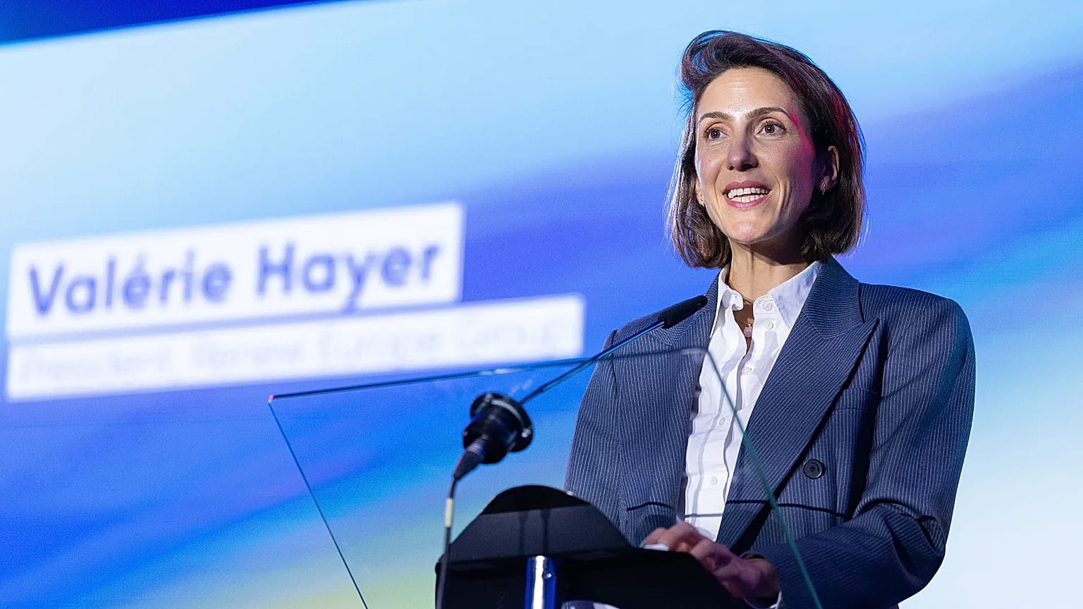 President of the Renew Europe Group Valerie Hayer addresses the audience during the Global Europe Forum at the European Parliament in Brussels, Belgium, Tuesday, Jan. 13, 2026