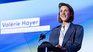 President of the Renew Europe Group Valerie Hayer addresses the audience during the Global Europe Forum at the European Parliament in Brussels, Belgium, Tuesday, Jan. 13, 2026