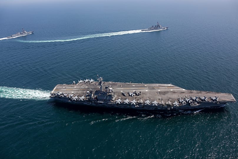 The USS Abraham Lincoln and other warships sail in formation in the Sea of Japan, 13 April, 2022 