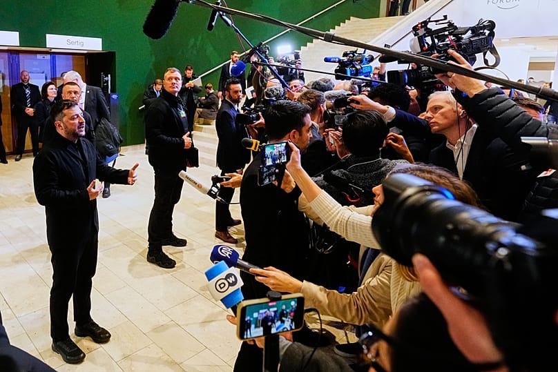 Ukraine's President Volodymyr Zelenskyy talks to the media at the Annual Meeting of the World Economic Forum in Davos, 22 January 2026
