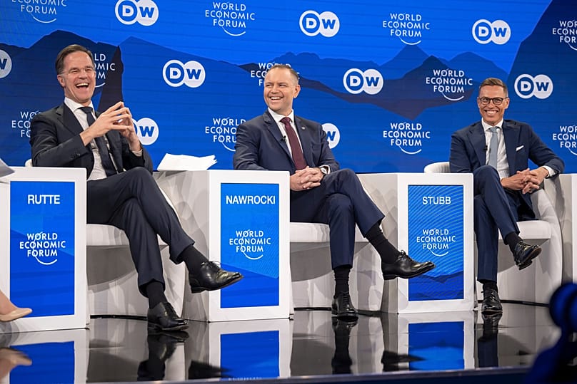 NATO Secretary-General Mark Rutte, Poland's Karol Nawrocki and Finland's Alexander Stubb during a panel discussion at the World Economic Forum, in Davos, 21 January 2026