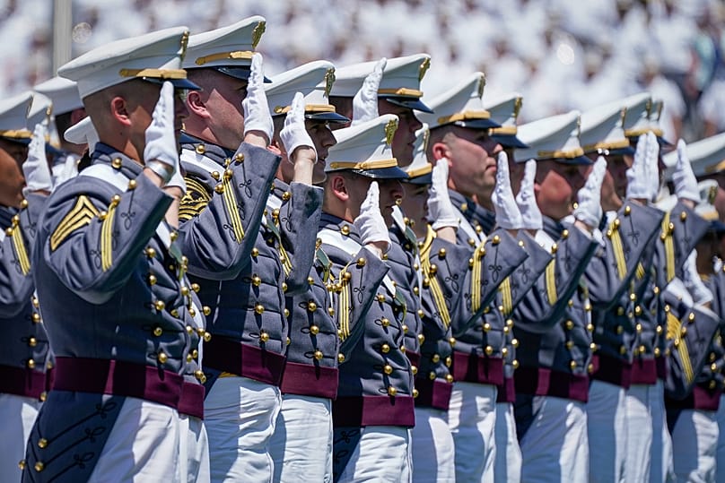 Cadets recite the oath of office during the graduation ceremony of the US Military Academy class of 2023 in West Point (AP Photo/Bryan Woolston)