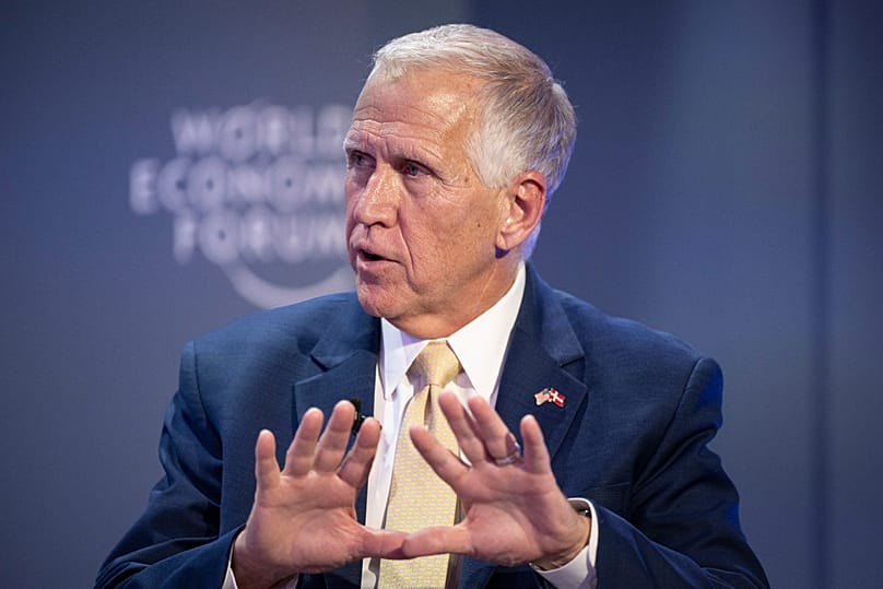 Senator Thom Tillis speaks during a panel session at the 56th annual meeting of the World Economic Forum, in Davos, Tuesday, Jan. 20, 2026. (Gian Ehrenzeller
