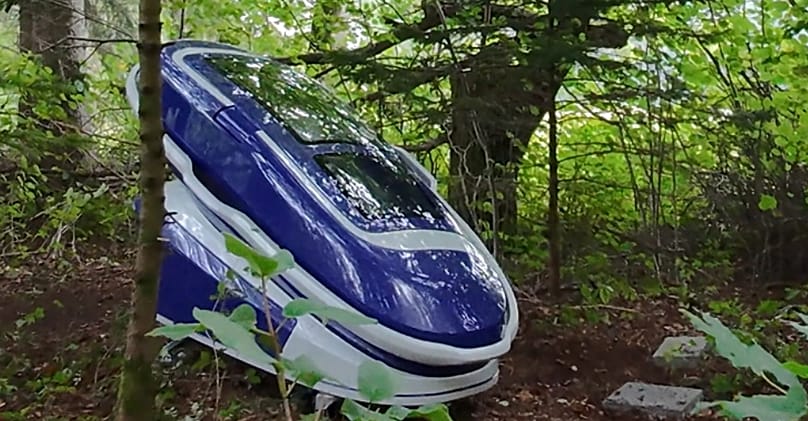 A Sarco pod photographed in a forest 