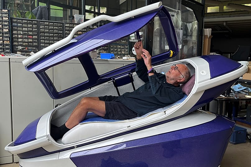 Philip Nitschke enters a 'suicide pod' known as 'The Sarco' in Rotterdam, The Netherlands, 8 July 2024