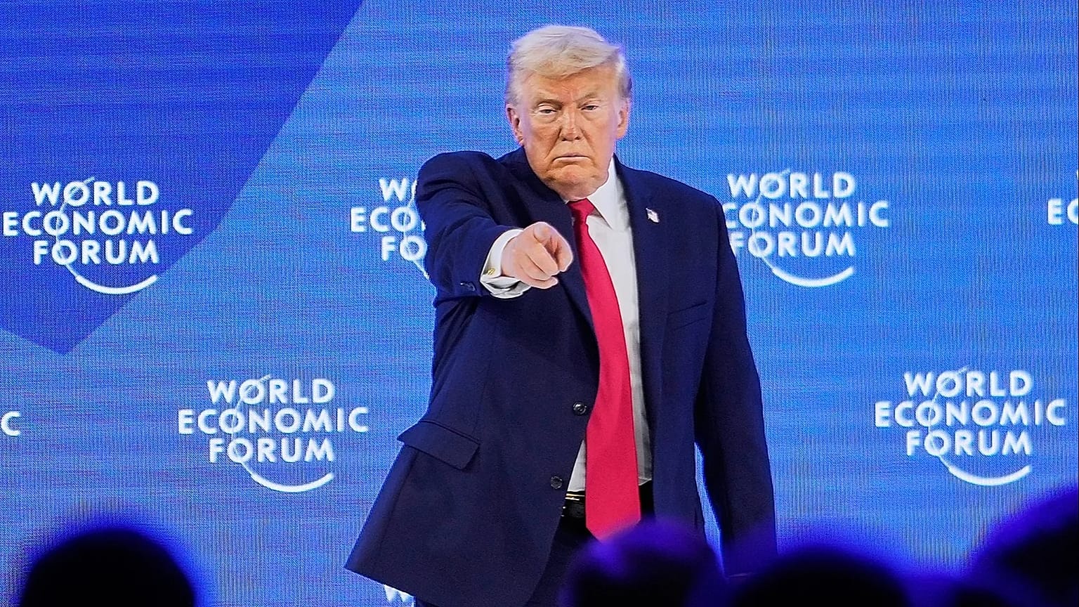 President Donald Trump reacts after his speech during the Annual Meeting of the World Economic Forum in Davos, Switzerland, 21 January 2026.