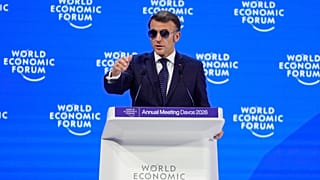 Fransa Cumhurbaşkanı Emmanuel Macron, Davos'taki Dünya Ekonomik Forumu'nda konuşma yaparken, 20 Ocak 2026