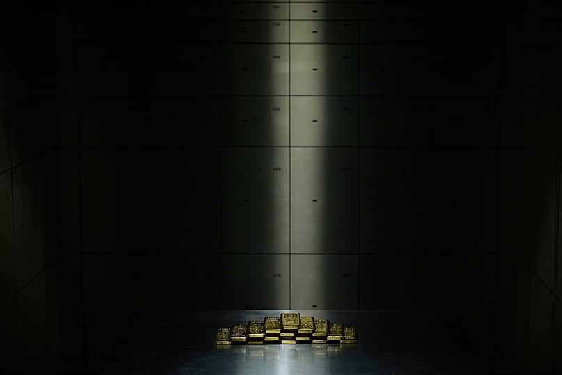 250 gram gold bars of 999.9 purity are stacked in the safe deposit boxes room in Munich, 25 April, 2025