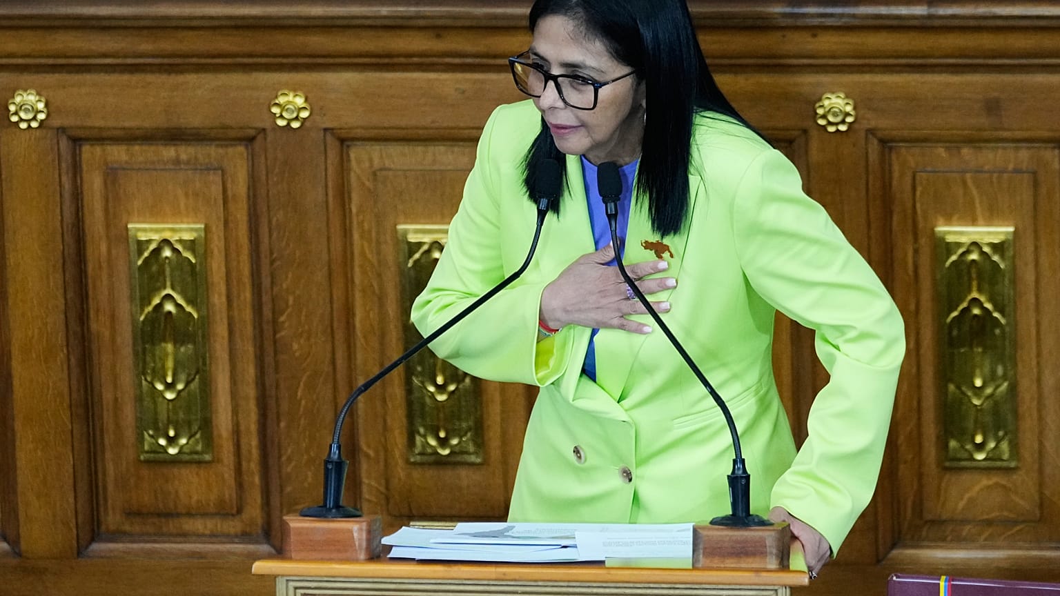 La presidenta interina de Venezuela, Delcy Rodríguez, se dirige a la Asamblea Nacional en Caracas, Venezuela, el jueves 15 de enero de 2026. 