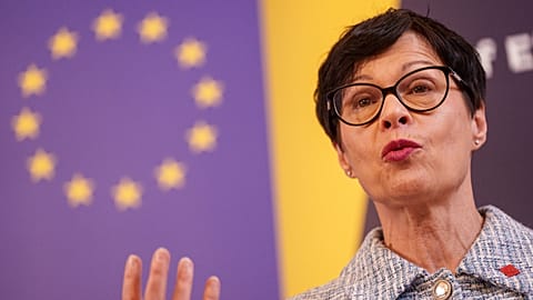 EU-Erweiterungskommissarin Marta Kos nach einem informellen Treffen der EU-Minister für europäische Angelegenheiten in Lviv, Ukraine, am Donnerstag, 11. Dezember 2025.