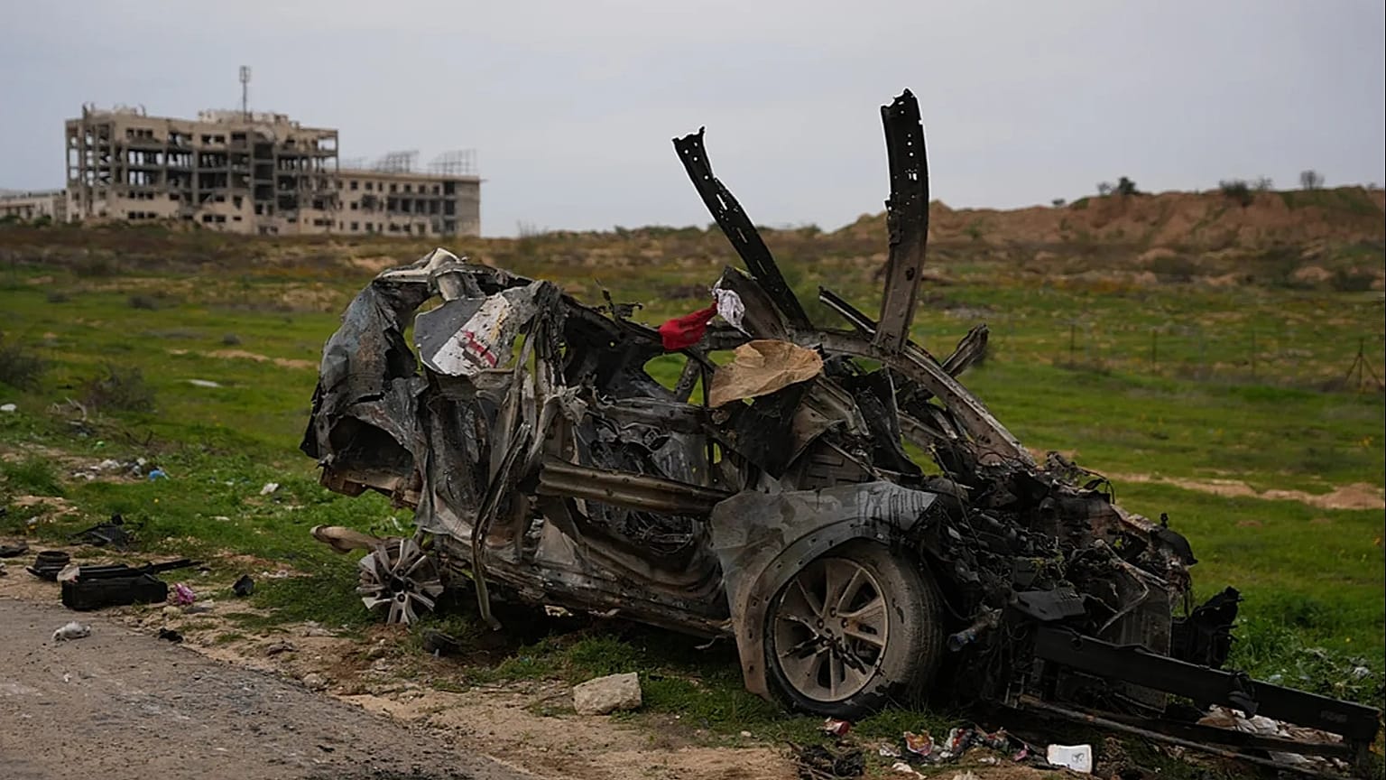 A destroyed vehicle  of the Egyptian committee sits after being hit by an Israeli strike that killed three Palestinian journalists in Zahraa, Gaza Strip, Jan. 21, 2026.