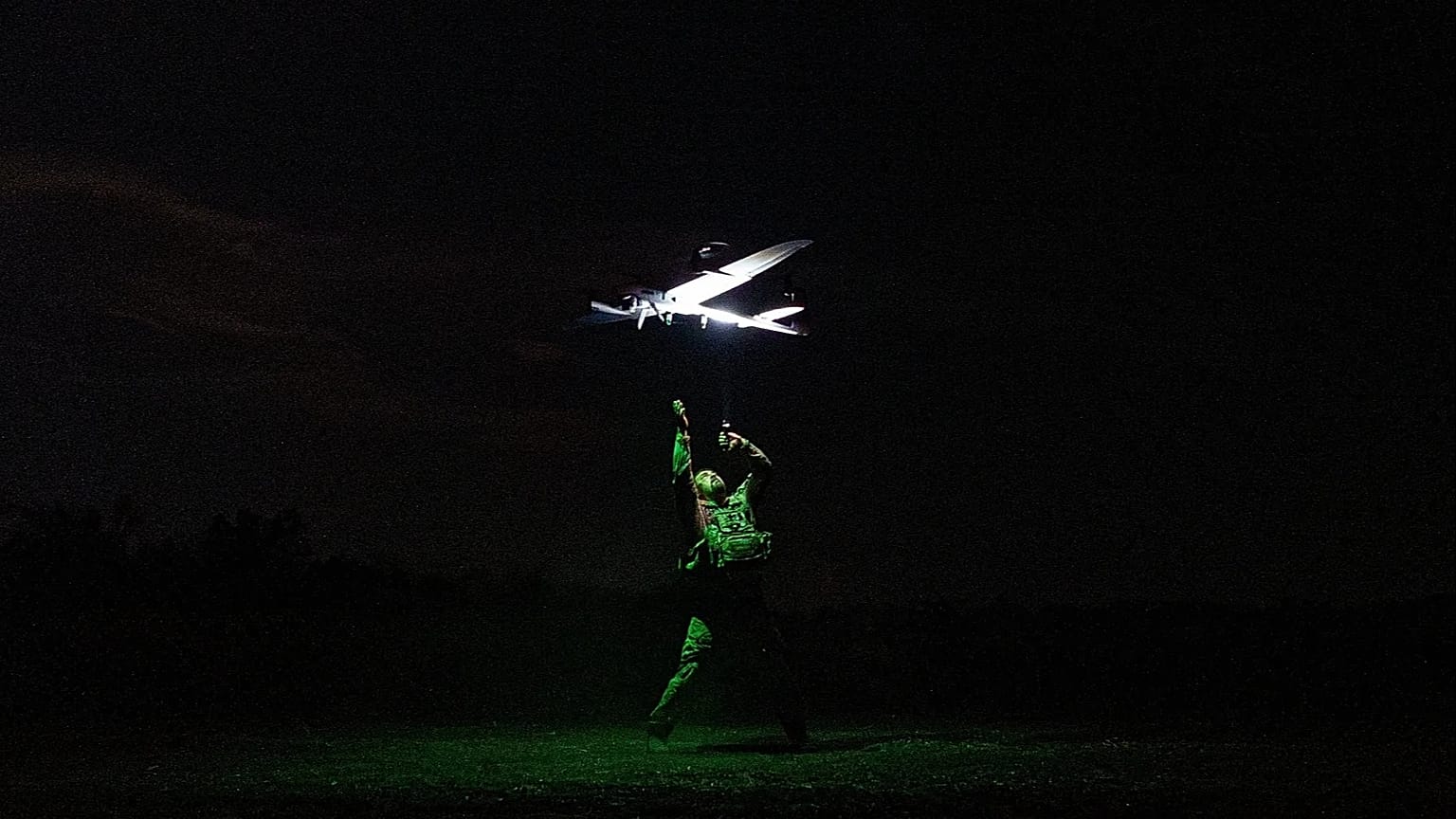 A Ukrainian serviceman with the Safari Unit of the Liut Brigade launches a reconnaissance drone at the frontline in the Donetsk region, 6 September, 2025