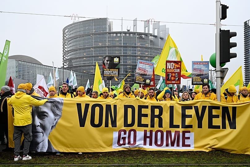 Farmers protest against the EU-Mercosur trade agreement outside the European Parliament in Strasbourg