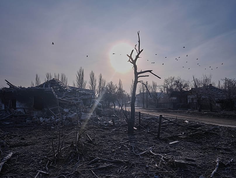Craters and ruined houses are seen near the frontline in the Druzhkivka region, 21 January, 2026