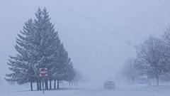 Fahrzeuge kämpfen sich bei Sicht null auf der Lake Michigan Drive im County Ottawa, Michigan, voran. Es gilt eine Wintersturmwarnung. Montag, 19. Januar 2026.