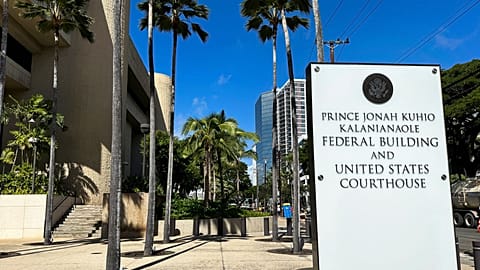 FILE - A sign for the Prince Jonah Kuhio Kalanianaole Federal Building and Courthouse is displayed outside the courthouse on Jan. 22, 2024, in Honolulu. 