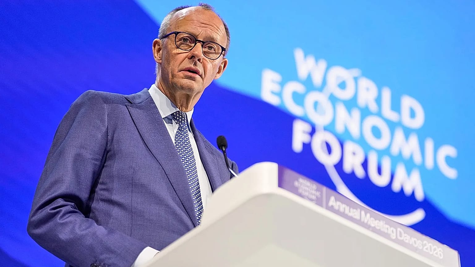 Almanya Başbakanı Friedrich Merz, 22 Ocak 2026 Perşembe günü İsviçre'nin Davos kentinde düzenlenen Dünya Ekonomik Forumu Yıllık Toplantısı'nda konuşma yapıyor.