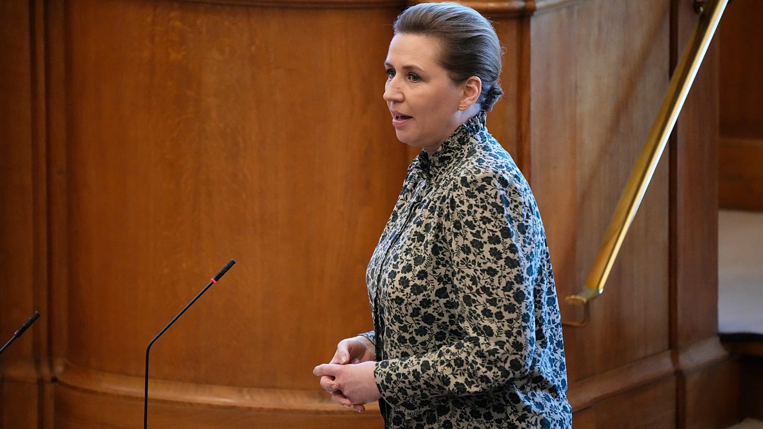 Denmark's Prime Minister Mette Frederiksen speaks during a session of the Danish Parliament in Copenhagen, Denmark