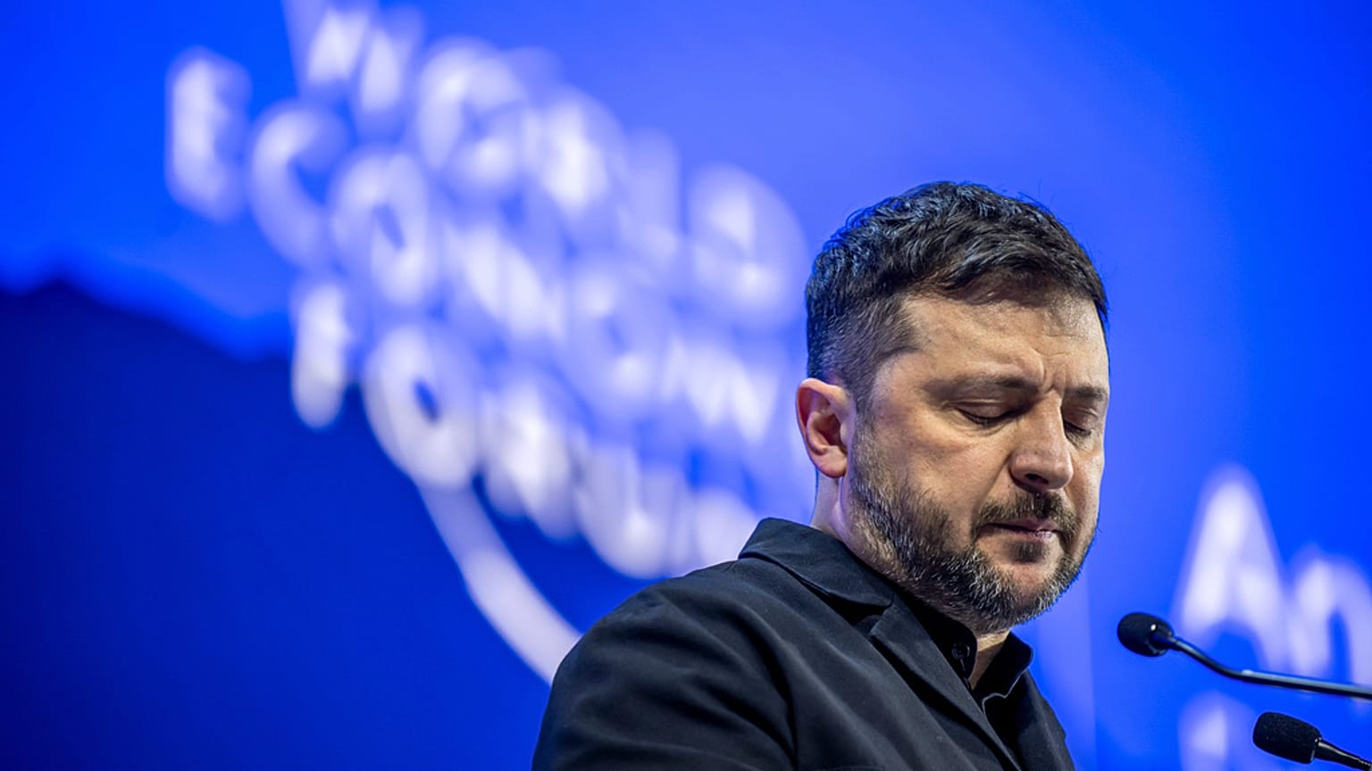 Ukraine's President Volodymyr Zelenskyy pauses as he delivers a speech at the Annual Meeting of the World Economic Forum in Davos, 22 January 2026