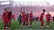 FILE - Liverpool players celebrate after winning the English Premier League soccer match between Liverpool and Tottenham Hotspur. 27 April 2025 