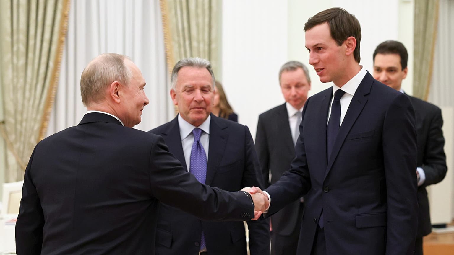 Russian President Vladimir Putin greets US President Donald Trump's envoys Steve Witkoff and Jared Kushner at the Senate Palace of the Kremlin, in Moscow, Jan. 22, 2026. 