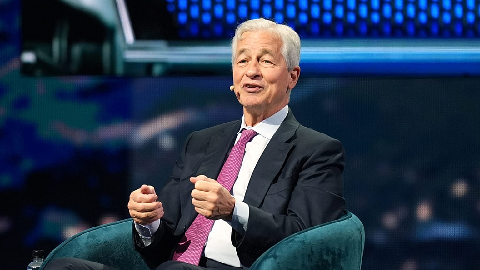 FILE. Jamie Dimon, CEO of JPMorgan Chase, speaks at the America Business Forum, 6 Nov. 2025, in Miami.