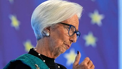 FILE. President of European Central Bank Christine Lagarde addresses the media after an ECB's governing council meeting in Frankfurt, Germany, 18 Dec. 2025.