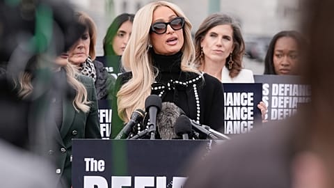 Paris Hilton speaks during a news conference promoting the passage of the Defiance Act on Capitol Hill, Thursday, Jan. 22, 2026, in Washington.