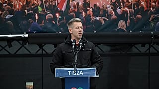 Peter Magyar, the leader of Hungary's opposition Tisza Party, speaks during a rally in Kecskemet, Hungary.