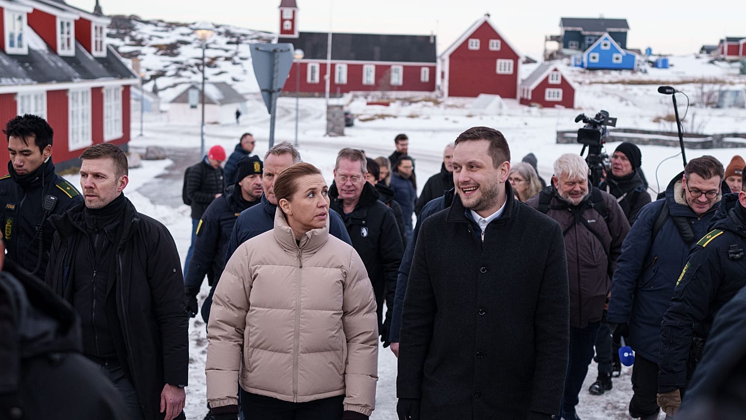 Prime Minister of Denmark Mette Frederiksen, centre left, and Greenlandic Prime Minister Jens-Frederik Nielsen walk in Nuuk, Greenland, on Friday, Jan. 23,