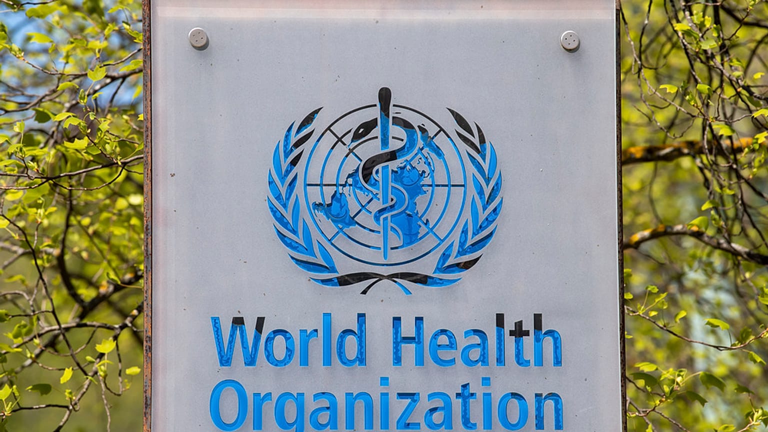 شعار ومبنى مقر منظمة الصحة العالمية (WHO) في جنيف، سويسرا، بتاريخ 15 أبريل 2020.