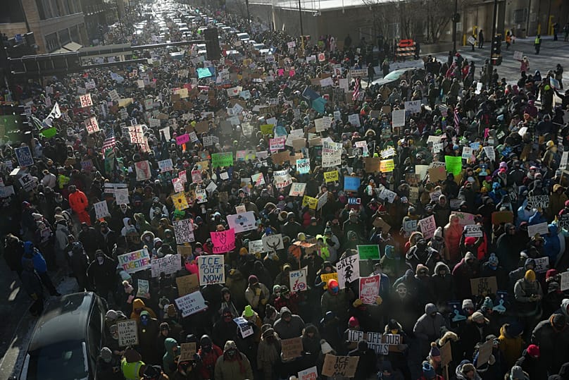 People protest against Federal immigration agents on Friday, 23 Jan 2026, in Minneapolis.