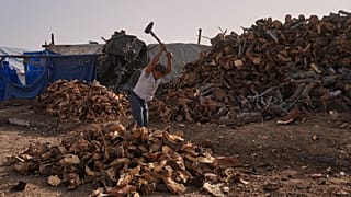 الفلسطيني مهند إسلام، 22 عاماً، يقطع الحطب في شارع صلاح الدين قرب مخيم البريج، وسط قطاع غزة، السبت 24 كانون الثاني/يناير 2026
