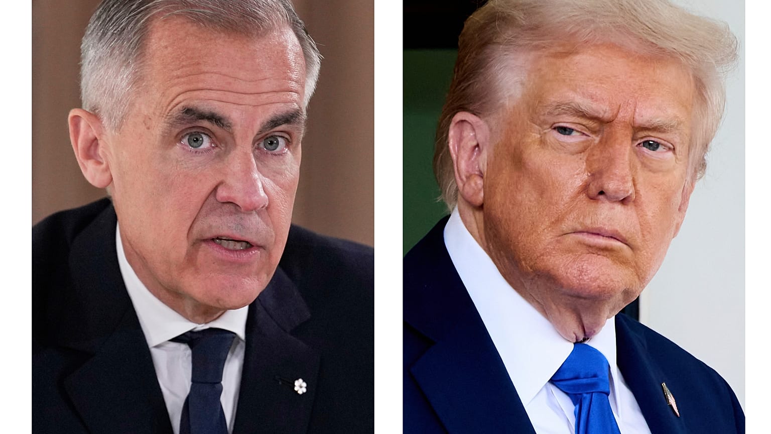 Canada's Prime Minister Mark Carney on 16 June, 2025, in Kananaskis, Canada. President Donald Trump (right) on 7 Oct., 2025, in Washington. 