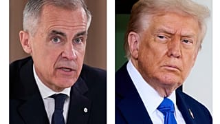 Canada's Prime Minister Mark Carney on 16 June, 2025, in Kananaskis, Canada. President Donald Trump (right) on 7 Oct., 2025, in Washington. 