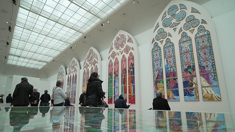 Notre-Dame's future stained-glass designs by Claire Tabouret, set to replace six windows designed by the 19th-century architect Eugene Viollet-le-Duc, in Paris, 10 Dec 2025