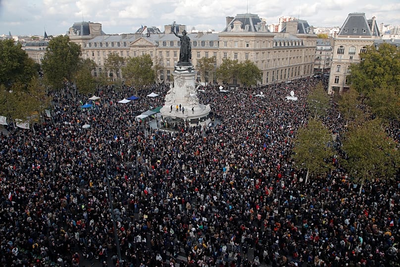 Hundreds of people gather on Republique Square during a demonstration in support of free speech in Paris, 18 October, 2020 