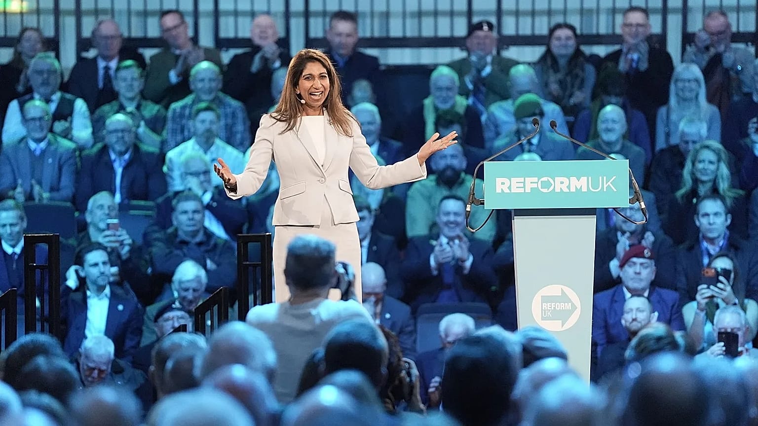 Former British home secretary Suella Braverman speaks during a Reform UK press conference in Westminster, 26 January, 2026