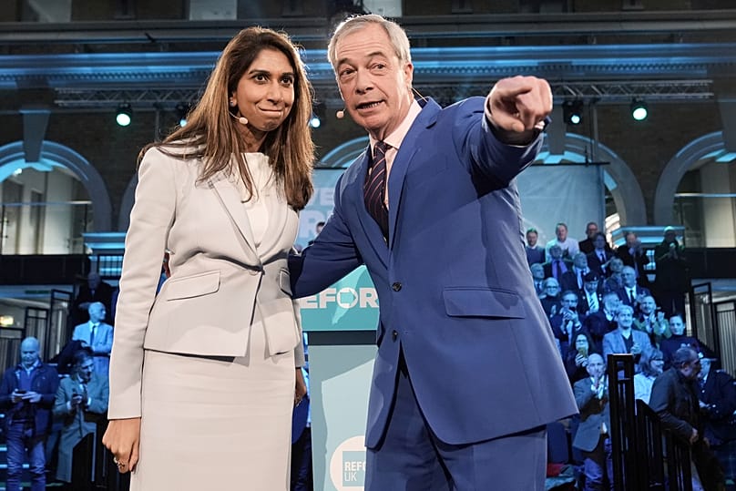Reform UK leader Nigel Farage and former home secretary Suella Braverman speaking during a Reform UK press conference in London, 26 January, 2026