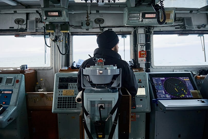 An Estonian naval ship sails in the Baltic Sea, 9 January, 2025