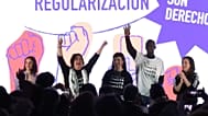 De izquierda a derecha, Irene Montero, Vicky Columba, Silvana Cabrera, Serigne Mbayé y Ione Belarra en un acto de Podemos de este lunes 26 de enero.